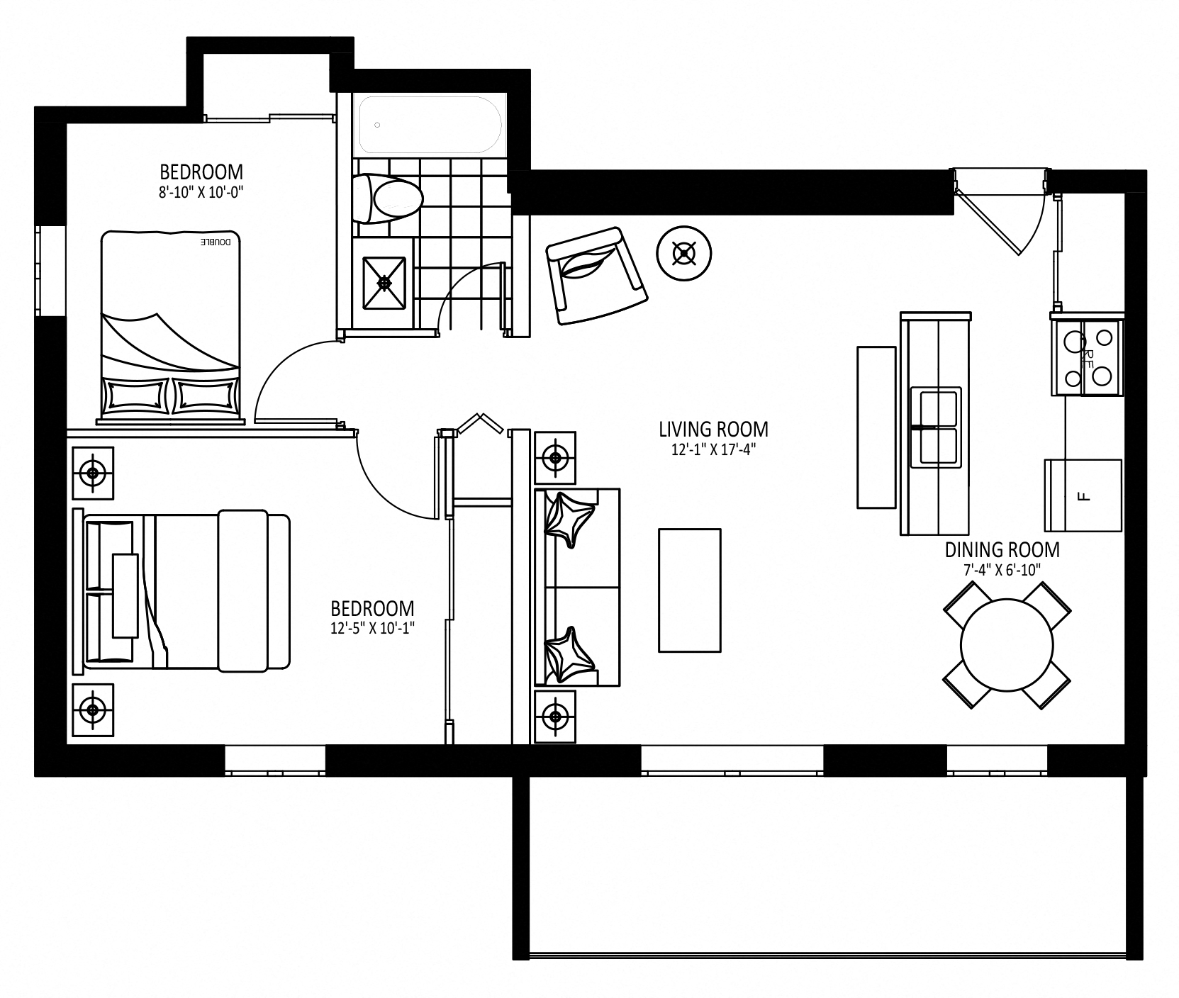 Floor plan for 2 beds, 1 bath, 735 sqft